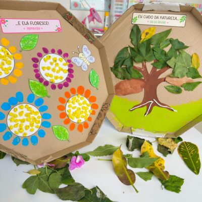 Atividade Interativa na Caixa de Pizza Eu Cuido da Natureza - Dia da Árvore e Primavera